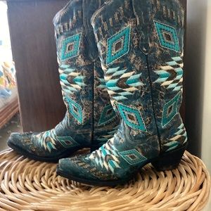 CORRAL E1008 distressed woven turquoise Aztec/Southwest cowgirl boots size 6.5
